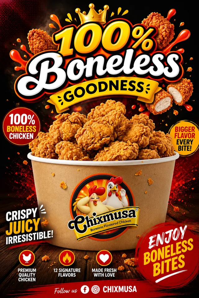 Chixmusa poster: a bucket piled high with 100% boneless chicken, in 12 signature flavours.